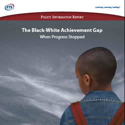 "The Black-White Achievement Gap" publication cover of a young boy facing away from the reader.