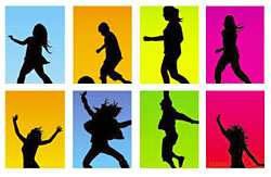 graphic of children's silhouettes playing in colored boxes