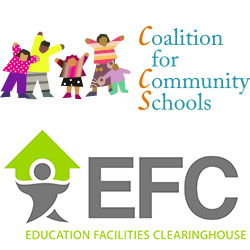 Two Logos: Coalition for Community Schools (group of stylized children); Education Facilities Clearinghouse (EFC) (stylized person holding up a small school building)
