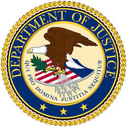 U.S. Department of Justice Seal: An eagle holding arrows in one talon and a branch in the other, standing atop a red, white, and blue shield. Latin motto: Qui Pro Domina Justitia Sequitur