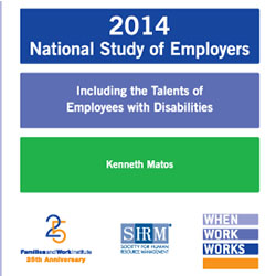 Report Cover: 2014 National Study of Employers: Including the Talents of Employees with Disabilities by Kenneth Matos; Logos: Family and Work Institute, Society for Human Resource Management; When Work Works